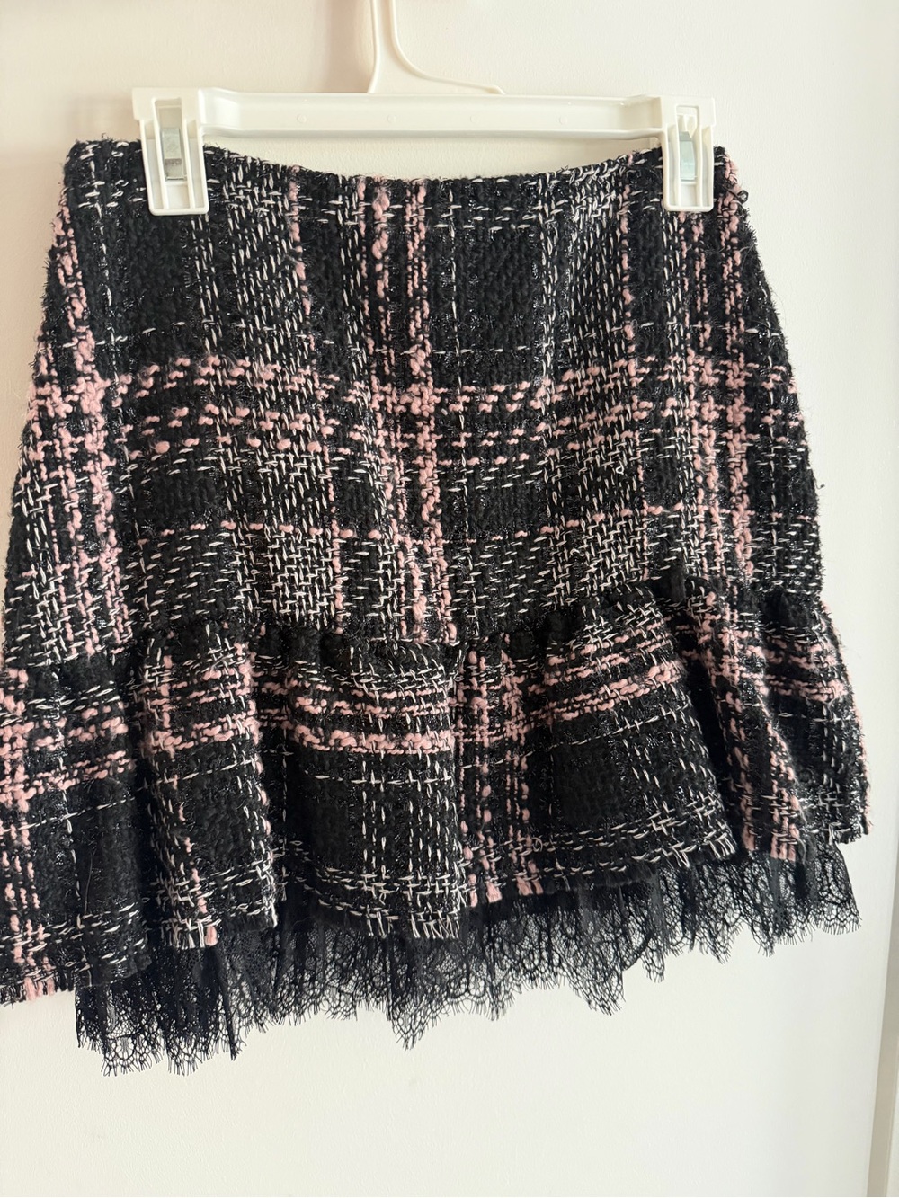 Zara Black and Pink Tweed Ruffle-Hem Mini Skirt
